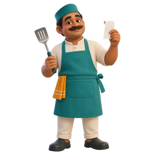Clay figure of a cook tearing a kitchen ticket off a printer