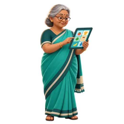 Clay figure of an elderly woman shopkeeper tapping big picture tiles