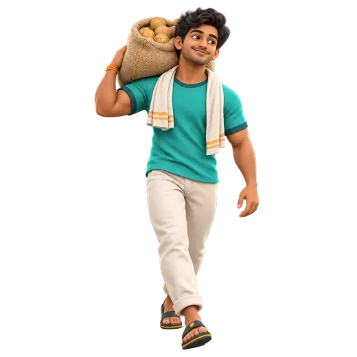 Clay figure of a helper carrying a sack, setting up the shop