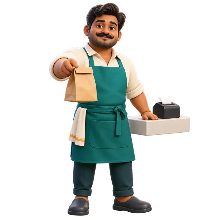 Clay figure of a shop owner handing over the first order